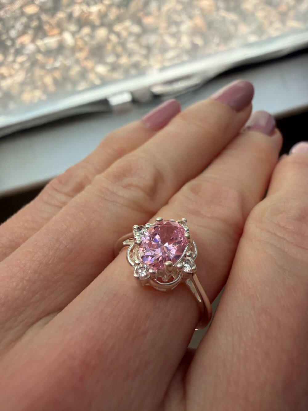 NIB Delicate Dainty Sterling 925 Oval Pink & White CZ Ring - 6 - Picture 1 of 12